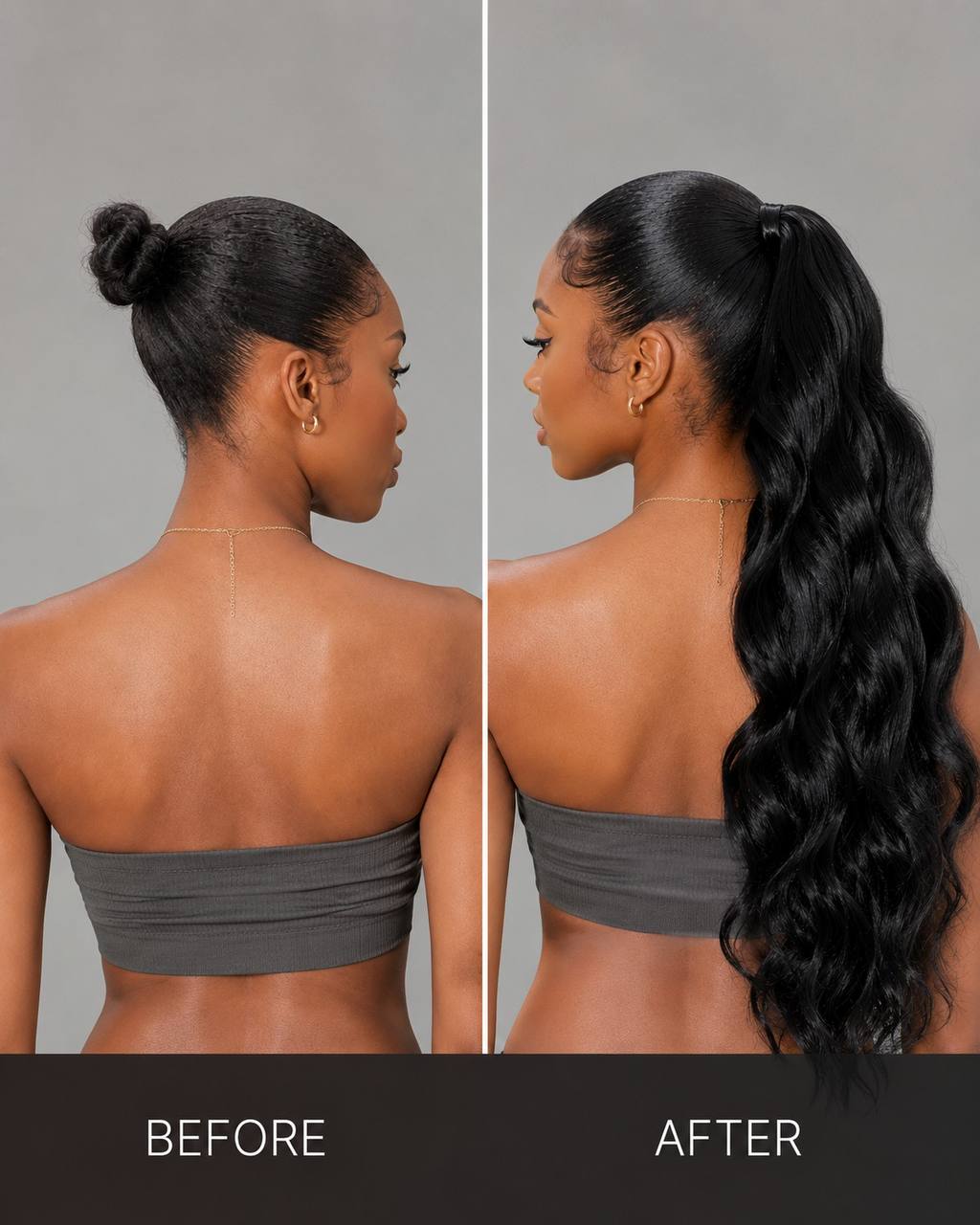 Black body-wave ponytail extension, back view showing before and after