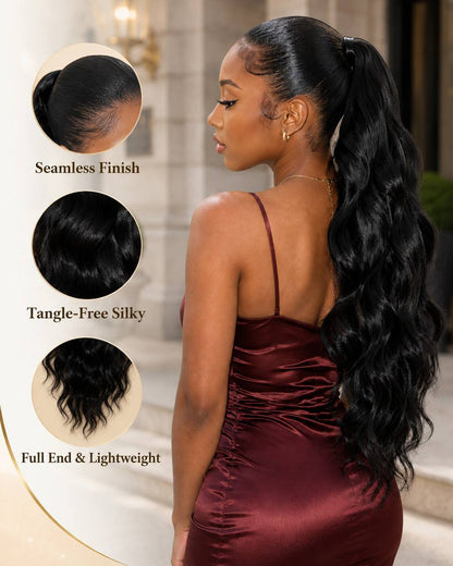 Black body-wave ponytail with long wavy hair and drawstring top for secure wear