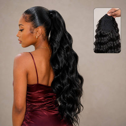 Black body-wave ponytail hair extension with long loose waves and drawstring top