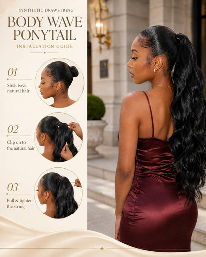 Black body-wave drawstring ponytail with full long waves, secured at crown