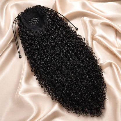 Drawstring curly ponytail piece, black curly hair bundle with closure cap