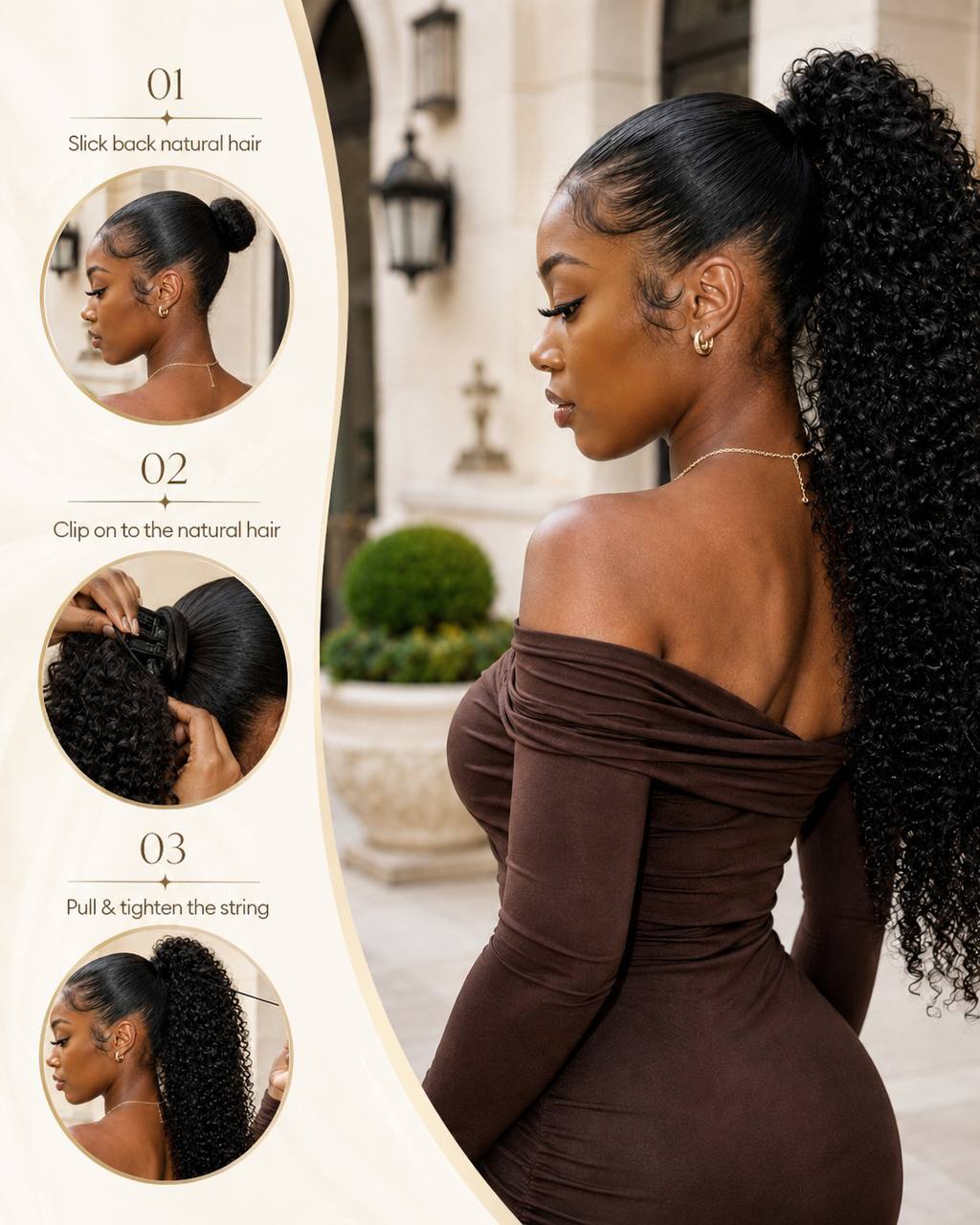 Curly drawstring ponytail with dark ringlet curls, high attachment