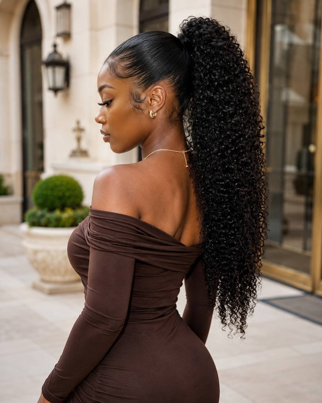 Curly drawstring ponytail, voluminous dark ringlet curls with high placement