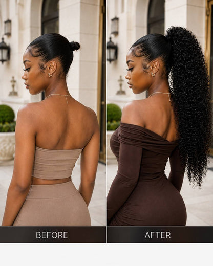 Curly drawstring ponytail, voluminous dark ringlet curls on high ponytail