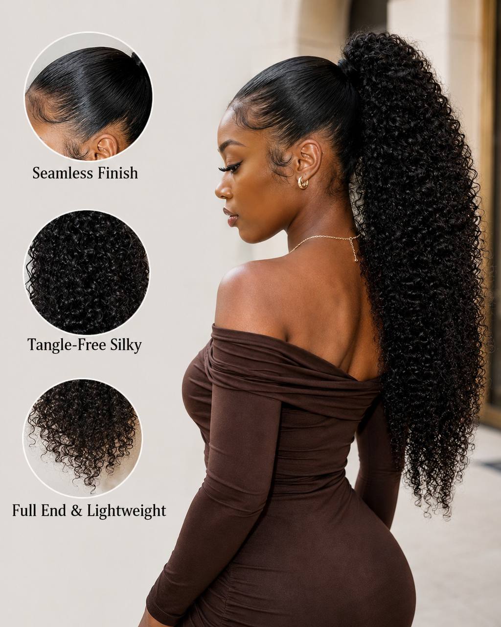 Curly drawstring ponytail, dark ringlet curls in a high ponytail style