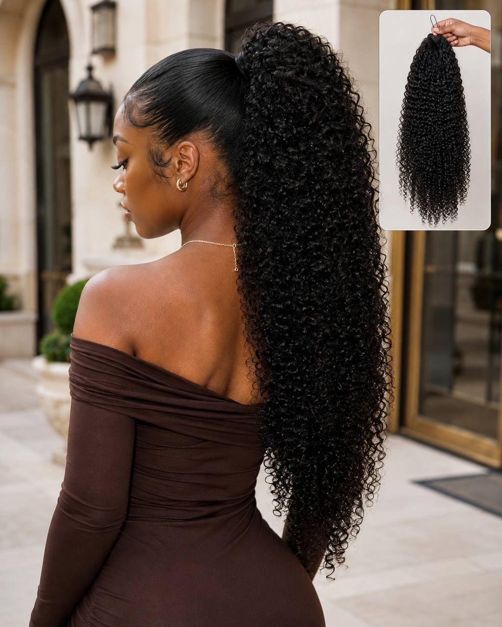 Curly drawstring ponytail, long dark hair with tight ringlet curls