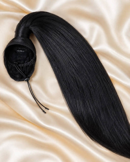 Straight black ponytail extension with drawstring cap and attached long hair
