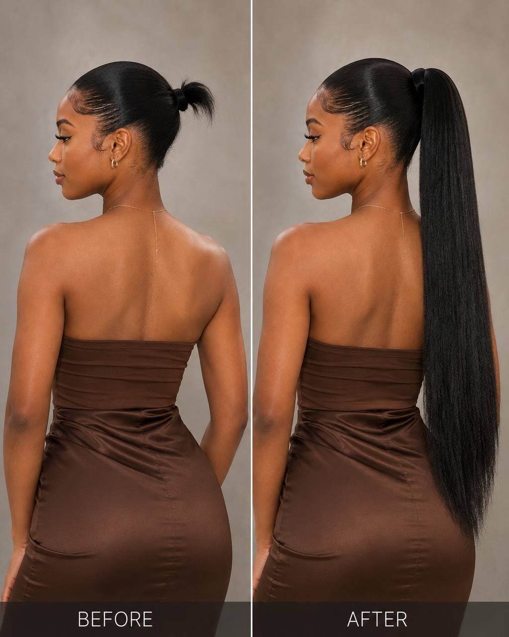 Side-by-side view of straight black ponytail extension: before and after