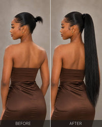 Side-by-side view of straight black ponytail extension: before and after