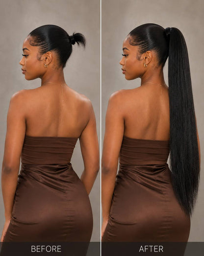 Side-by-side view of straight black ponytail extension: before and after