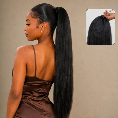 Long straight black ponytail extension with drawstring top, viewed from back