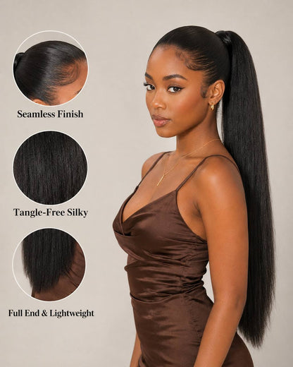Straight black drawstring ponytail with sleek seamless top and long smooth length