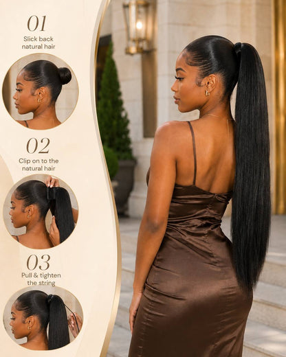 Long straight black ponytail extension with drawstring, shown with simple step guide