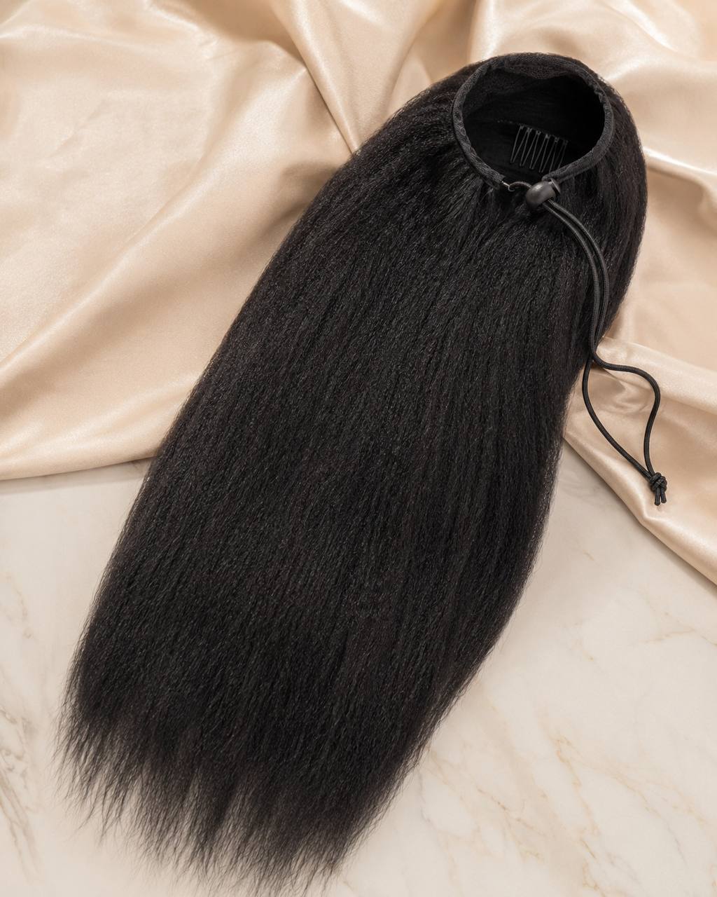 Black kinky straight drawstring ponytail hairpiece with comb and adjustable string