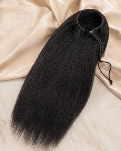 Black kinky straight drawstring ponytail hairpiece with comb and adjustable string