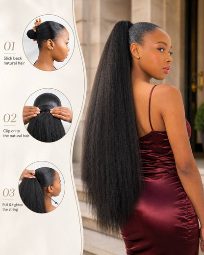 Black kinky straight ponytail hairpiece worn high, long straight extension