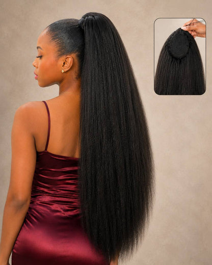 Black kinky straight ponytail hair extension with drawstring top and long length