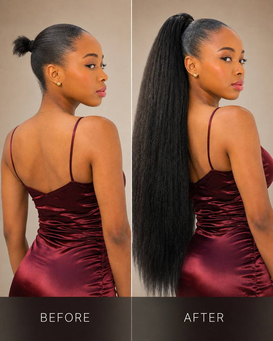 Black kinky straight ponytail hairpiece styled in a long high ponytail