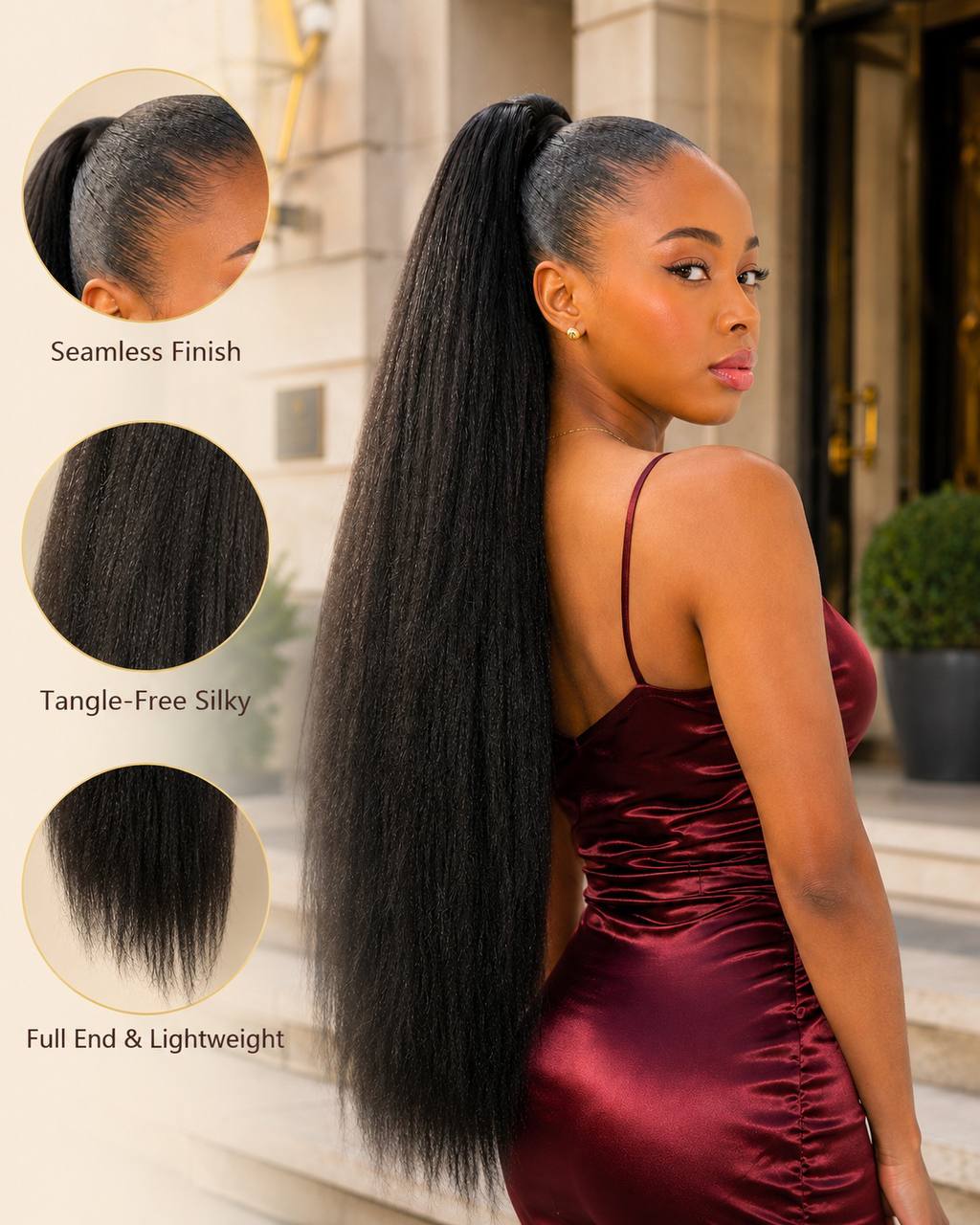 Black kinky straight ponytail hair extension with full, lightweight long length
