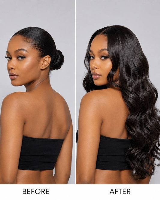 Hair styling before and after: black body-wave waves worn long and voluminous