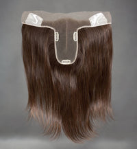 Brown hair topper with T-shaped base and clip tabs