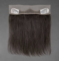 Lace hairline topper with dark straight hair and thin lace edge