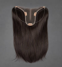 Hair topper with dark brown/black straight hair and adjustable U-shaped clips