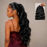 Black long ponytail extension with drawstring attachment and loose wavy strands