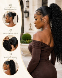 Black curly ponytail extension with drawstring bun, worn in a long loose curl