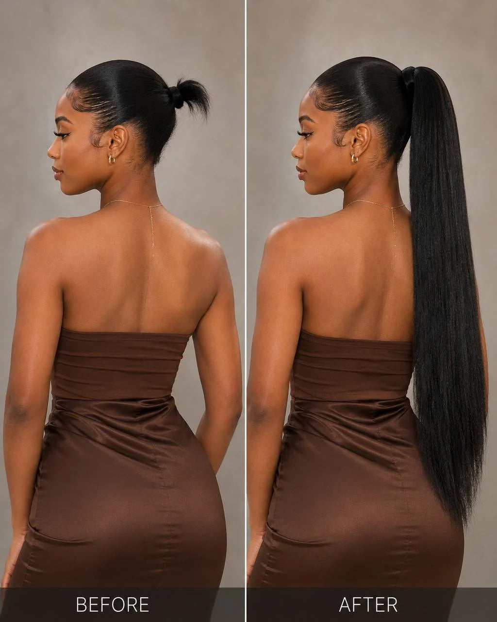 Black long ponytail extension with drawstring bun, worn for a smooth straight look