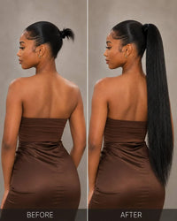 Black long ponytail extension with drawstring bun, worn for a smooth straight look