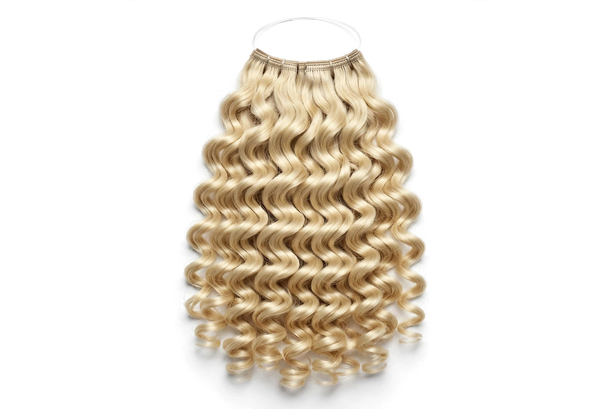 Curly halo hair extension with blonde ringlet curls and clear top halo band