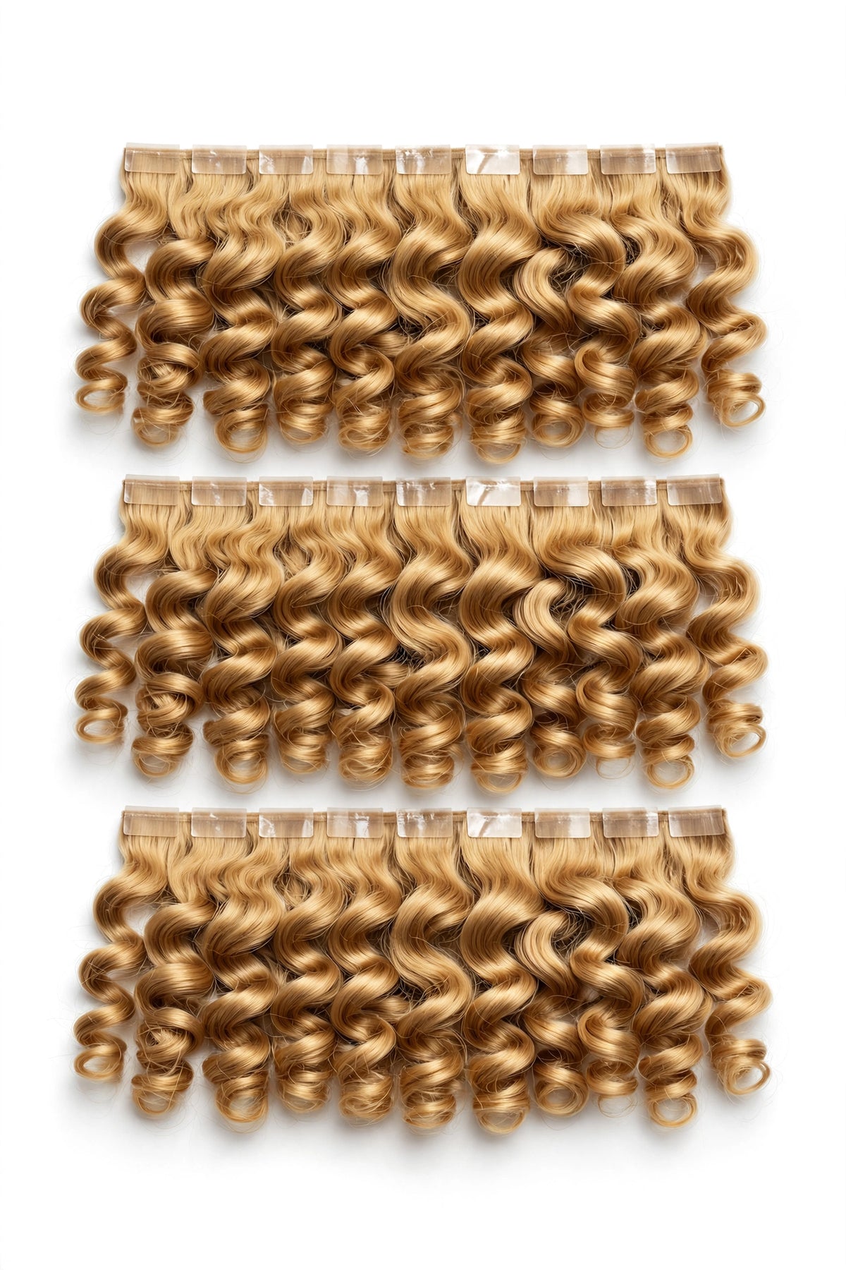 Curly tape-in express weft hair extensions, blonde, with tape tabs and wavy curls