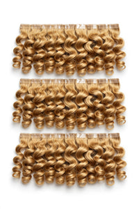Curly tape-in express weft hair extensions, blonde, with tape tabs and wavy curls