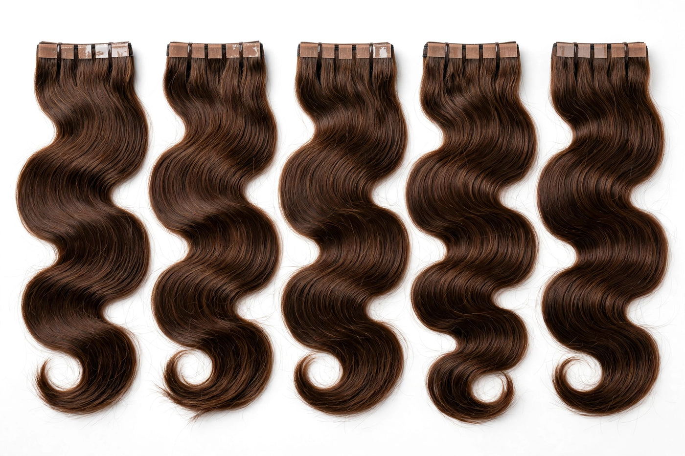 Wavy tape-in weft hair extension set with tape tabs; long loose waves in chestnut brown