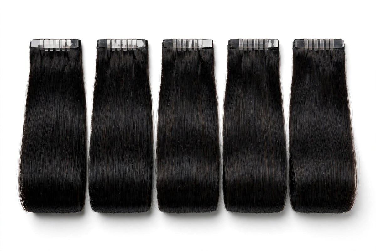 Straight tape-in hair weft extensions, dark black straight hair with clear tape tabs