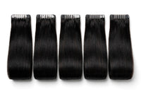 Straight tape-in hair weft extensions, dark black straight hair with clear tape tabs