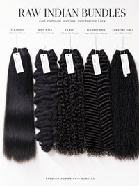 Raw Indian hair bundles set with multiple black textures, several bundles with tags.