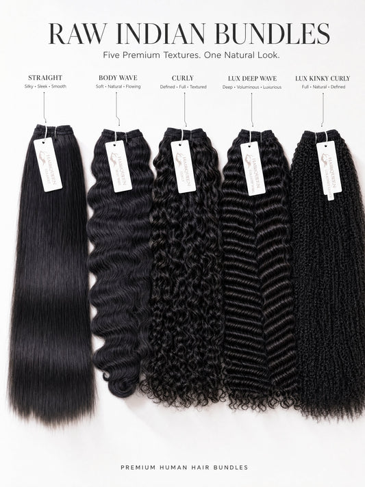 Raw Indian hair bundles set with multiple black textures, several bundles with tags.