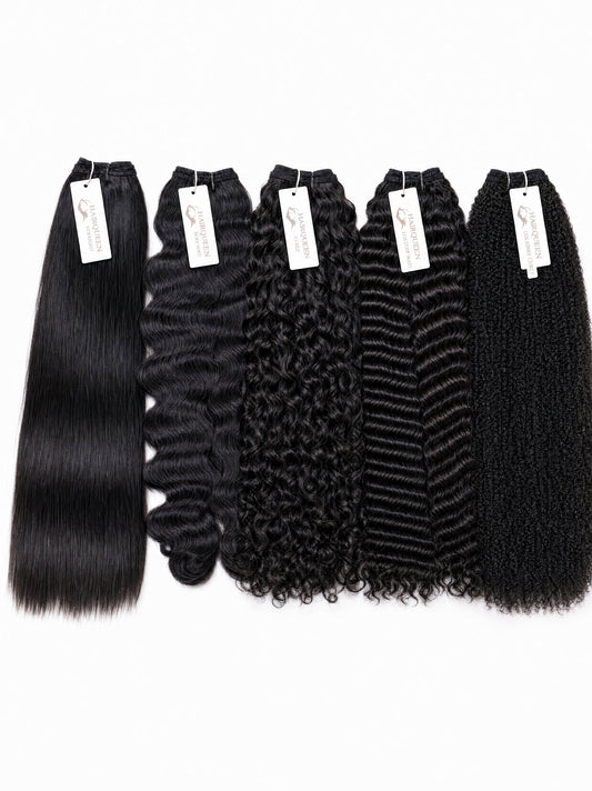 Assorted black wave human hair bundles, 5 pieces with white brand tags.