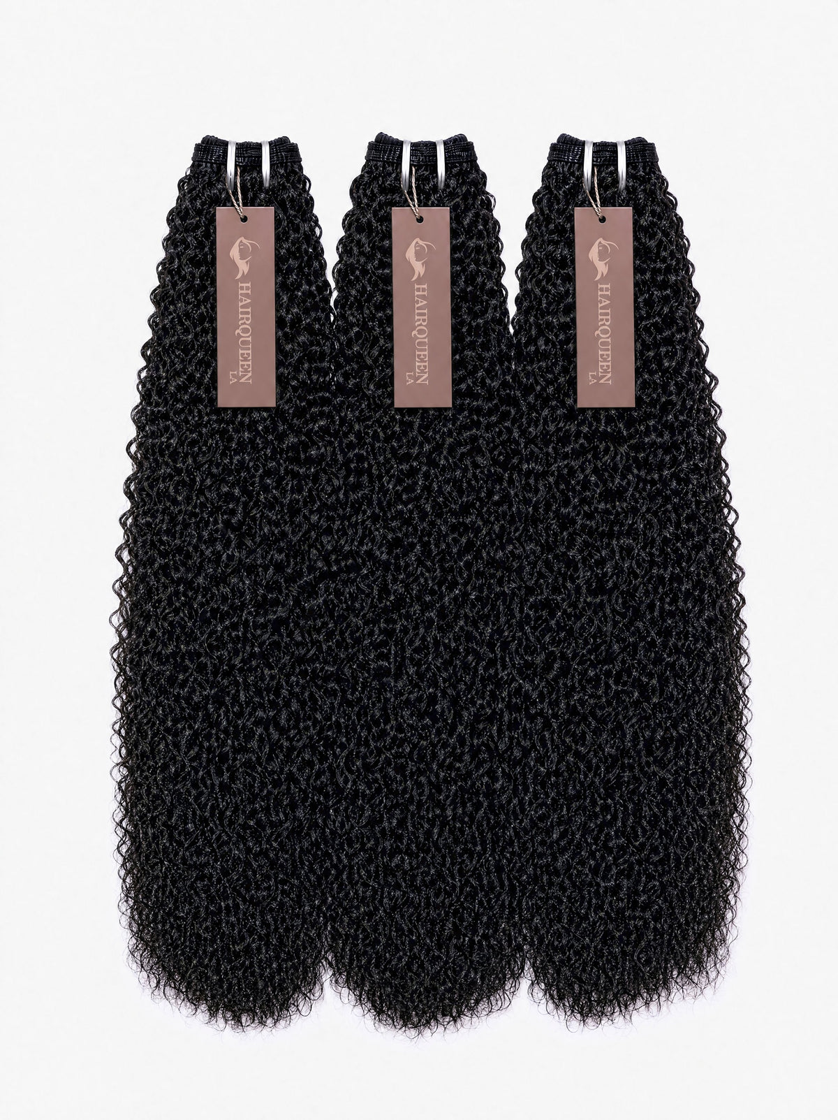 Raw Indian hair bundles, three black tight-curly wefts with silver clips