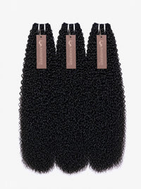 Raw Indian hair bundles, three black tight-curly wefts with silver clips