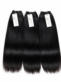 Black straight human hair bundles, 3 pieces with white brand tags.