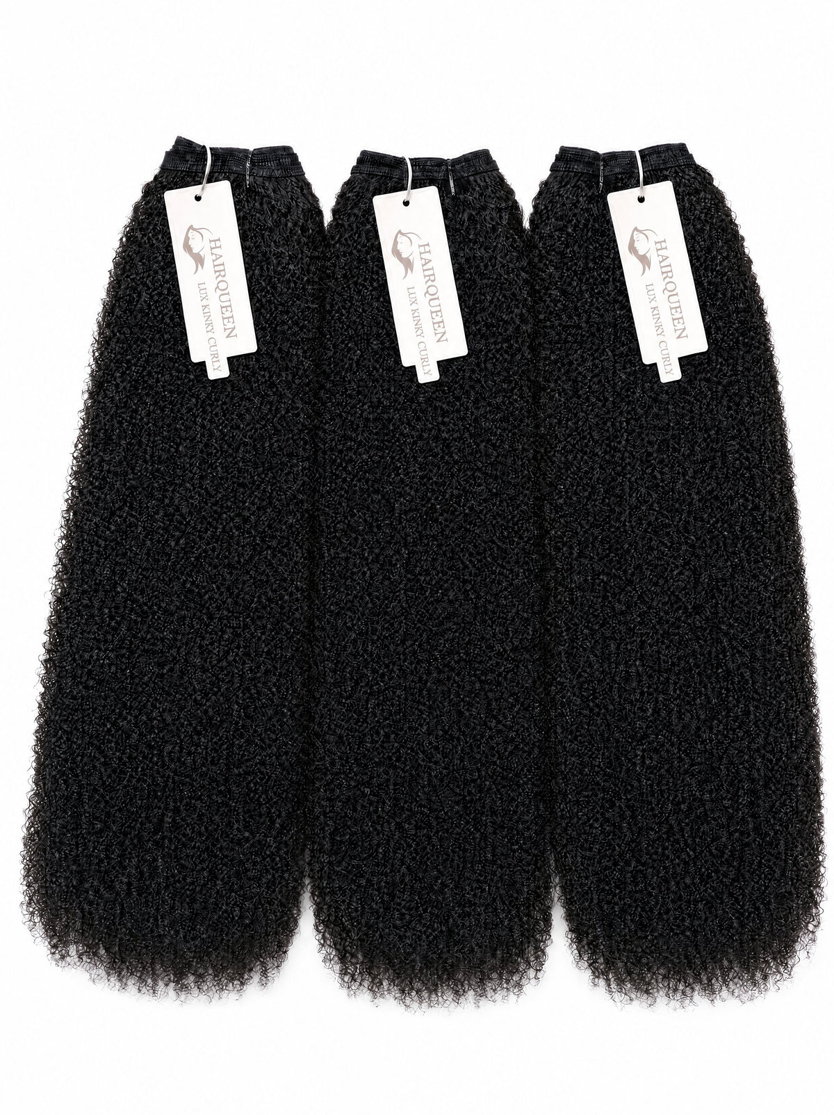 Black textured human hair bundles, 3 pieces with white brand tags.