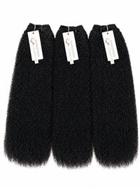 Black textured human hair bundles, 3 pieces with white brand tags.