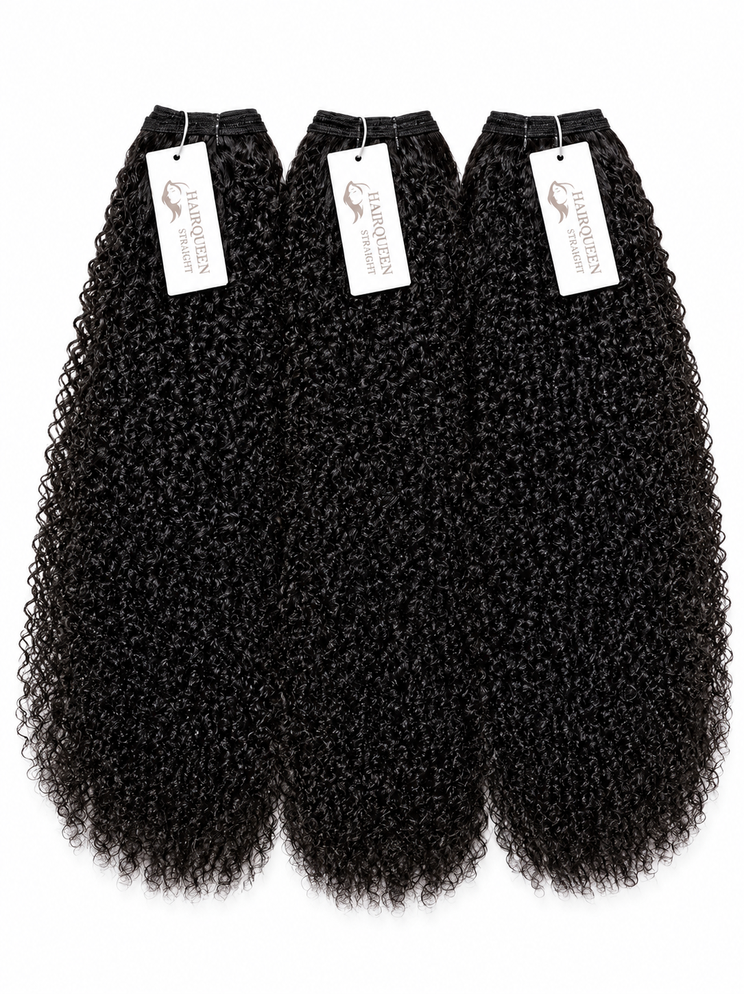 Black curly hair bundles, three tagged wefts with dense ringlets