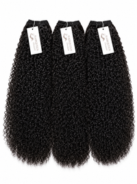 Black curly hair bundles, three tagged wefts with dense ringlets