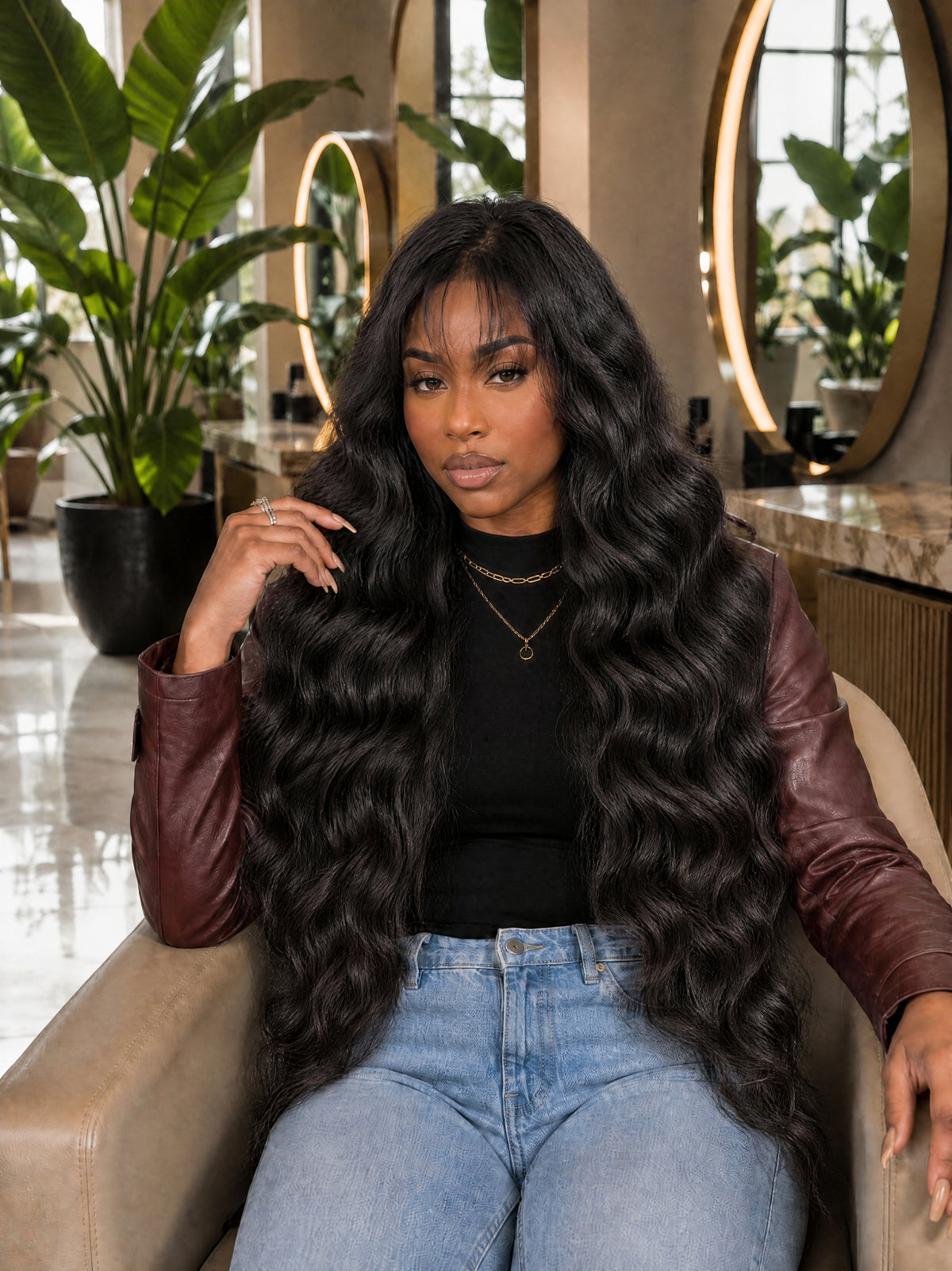 Long dark wavy hair extensions in bundles, styled with soft waves and long length.