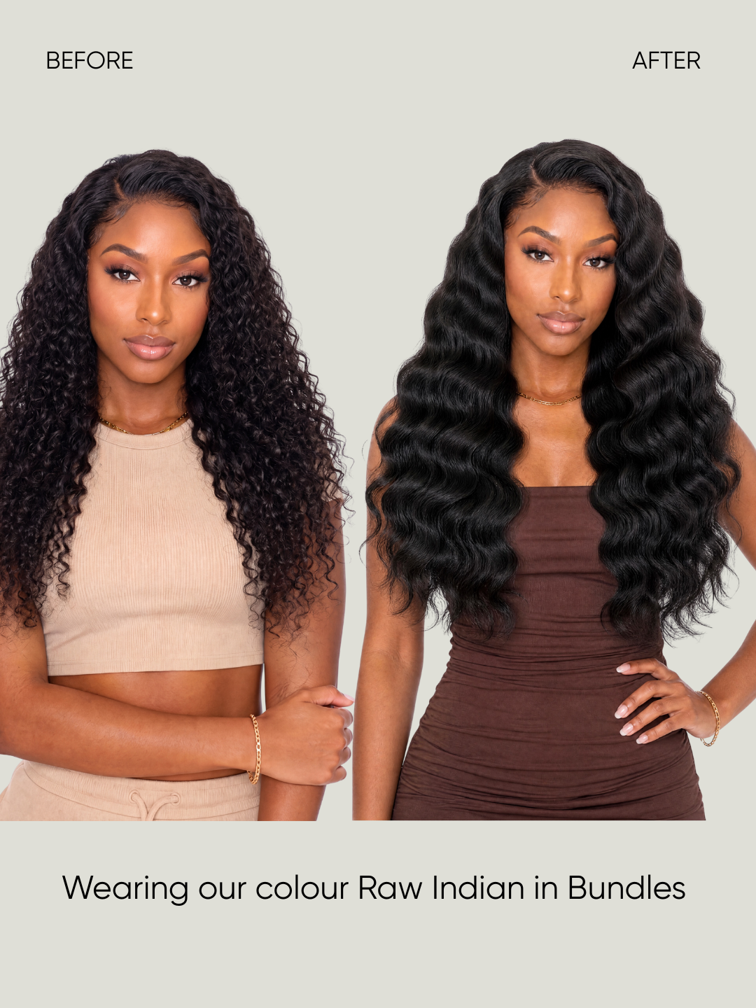 Long dark curly hair extensions in bundles, fuller curls with a center part.