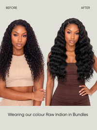 Long dark curly hair extensions in bundles, fuller curls with a center part.